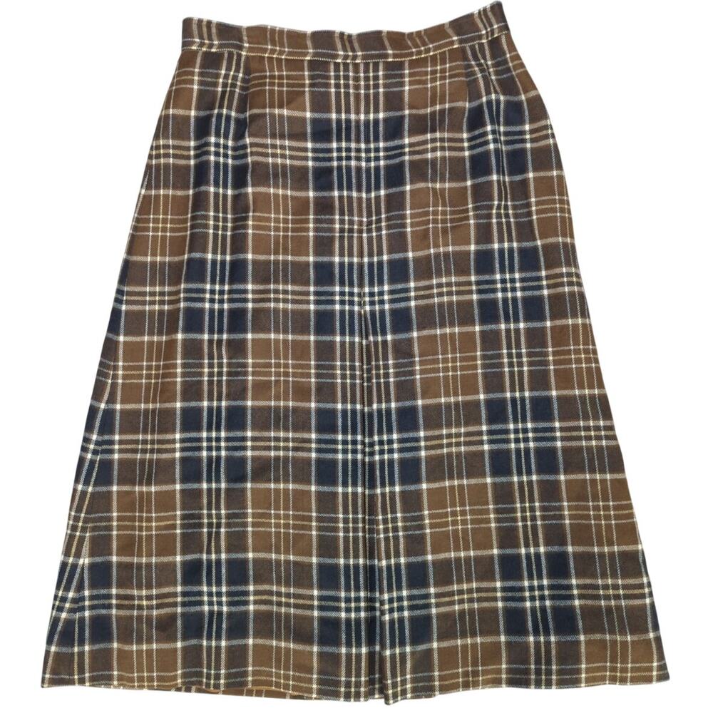 VTG Plaid Wool Skirt 14 Brown Blue A Line Midi Union Made USA ILGWU Lined